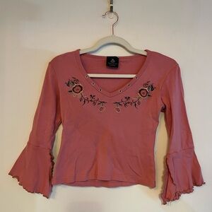Vintage Women's Pink Embroidered Bell Sleeve Top